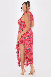 Floral High Neck Asymmetric Midaxi Dress