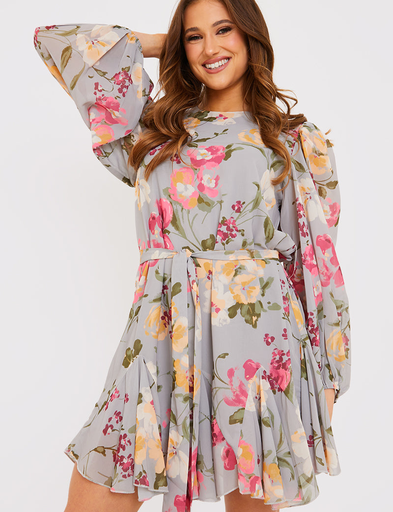 Floral Balloon Sleeve Mini Dress With Godet Detail