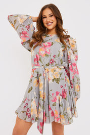 Floral Balloon Sleeve Mini Dress With Godet Detail
