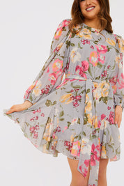 Floral Balloon Sleeve Mini Dress With Godet Detail