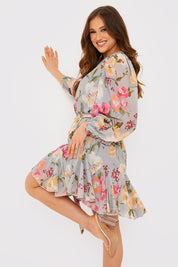 Floral Balloon Sleeve Mini Dress With Godet Detail