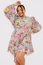 Floral Balloon Sleeve Mini Dress With Godet Detail