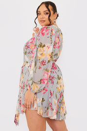 Floral Balloon Sleeve Mini Dress With Godet Detail