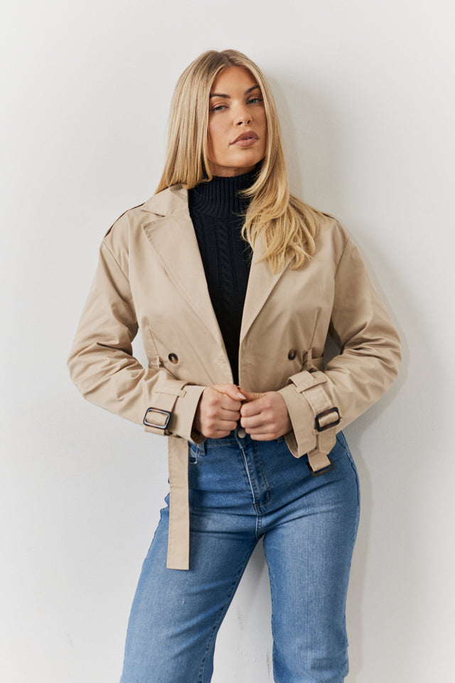 Cropped Belted Trench Jacket Polyester Matte Finish