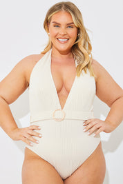 Rib Belted Halter Swimsuit