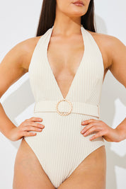 Rib Belted Halter Swimsuit