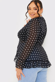 Polka Dot Chiffon Frill Tie Blouse