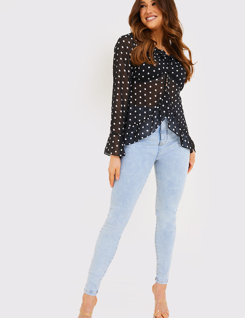 Polka Dot Chiffon Frill Tie Blouse