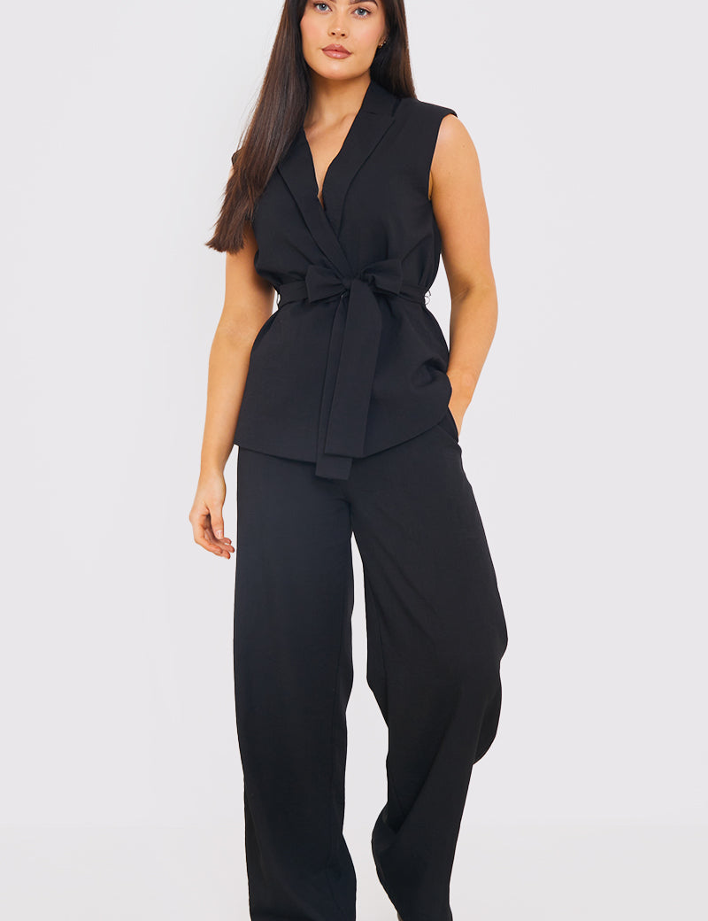 Textured Tie Waist Sleeveless Co-Ord Blazer