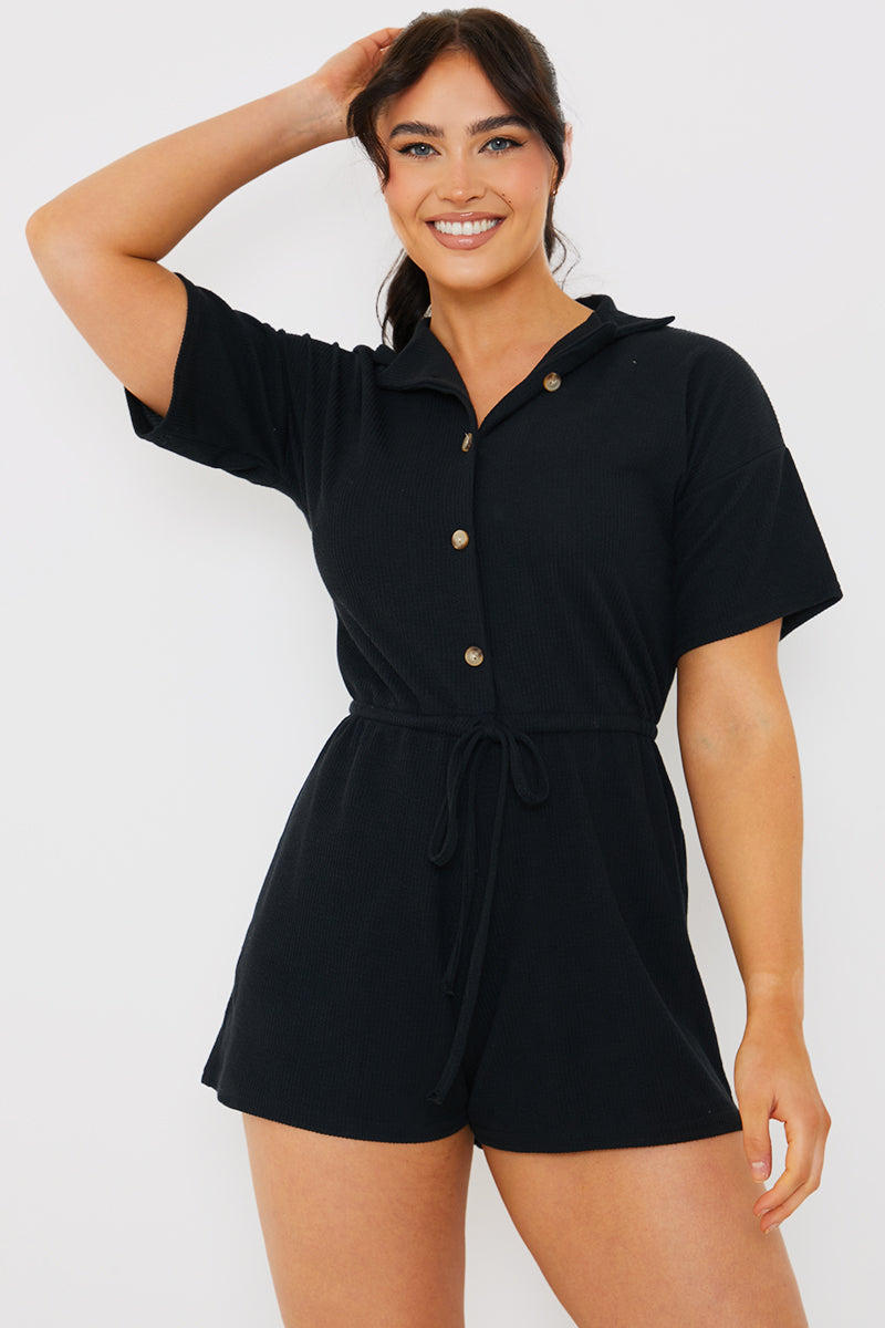 Rib Button Front Collared Playsuit