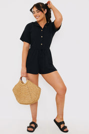 Rib Button Front Collared Playsuit