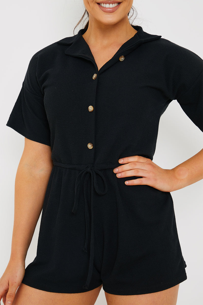 Rib Button Front Collared Playsuit