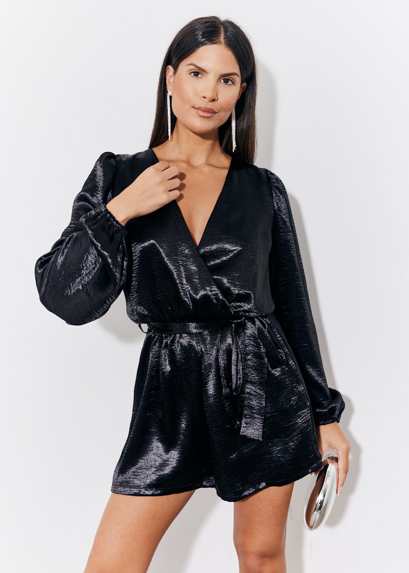 Black Liquid Satin Belted Detail Playsuit