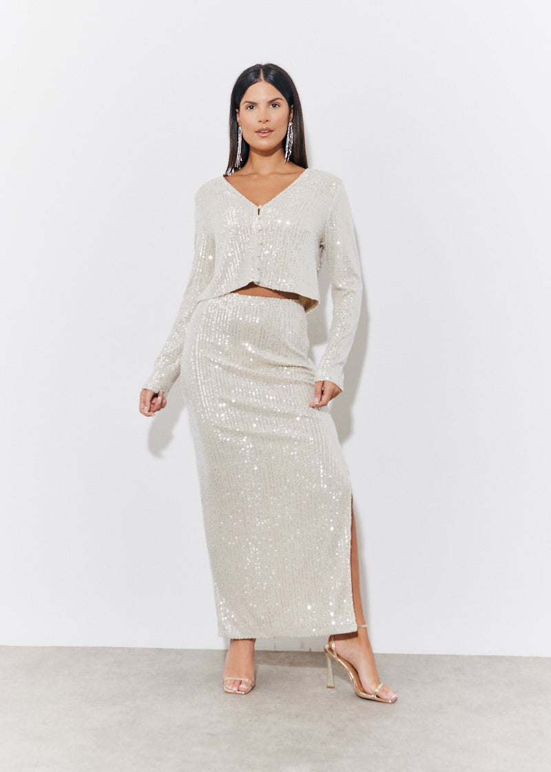 Sequin Slit Midi Skirt