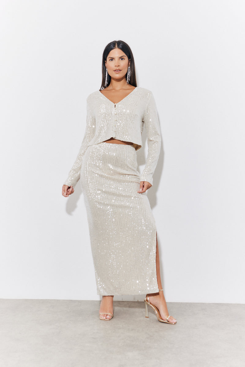 Sequin Slit Midi Skirt