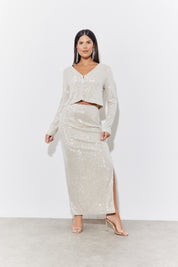 Sequin Slit Midi Skirt