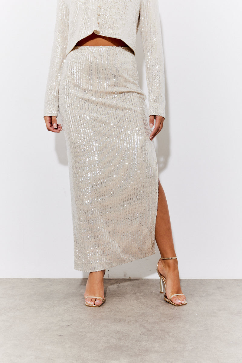 Sequin Slit Midi Skirt