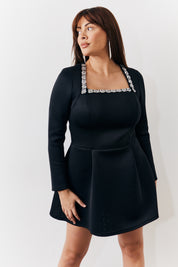 Embellished Neckline Black Mini Dress