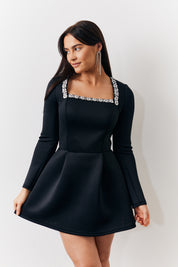 Embellished Neckline Black Mini Dress