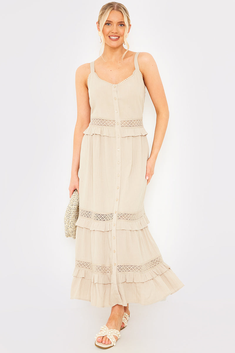 Lace Insert Frill Detail Midaxi Dress