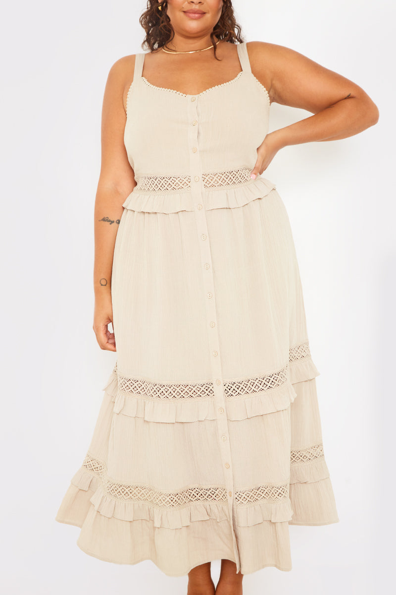 Lace Insert Frill Detail Midaxi Dress