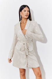 Silver Sequin Belted Blazer Dress