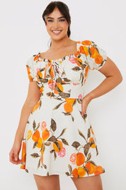 Orange Print Milkmaid Puff Sleeve Skater Dress