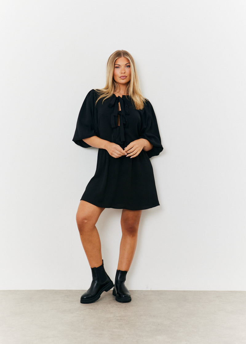 Puff Sleeve Bow Detail Mini Dress