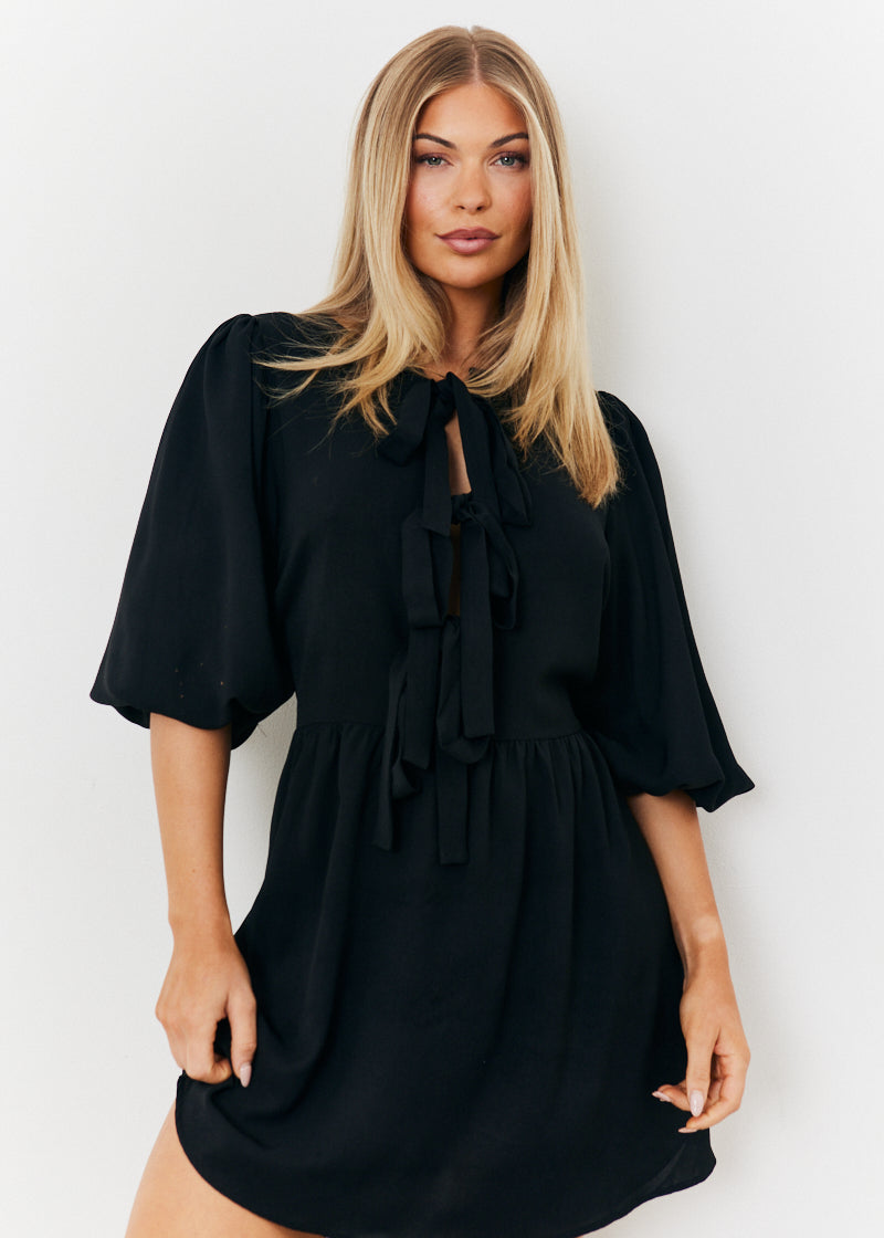 Puff Sleeve Bow Detail Mini Dress
