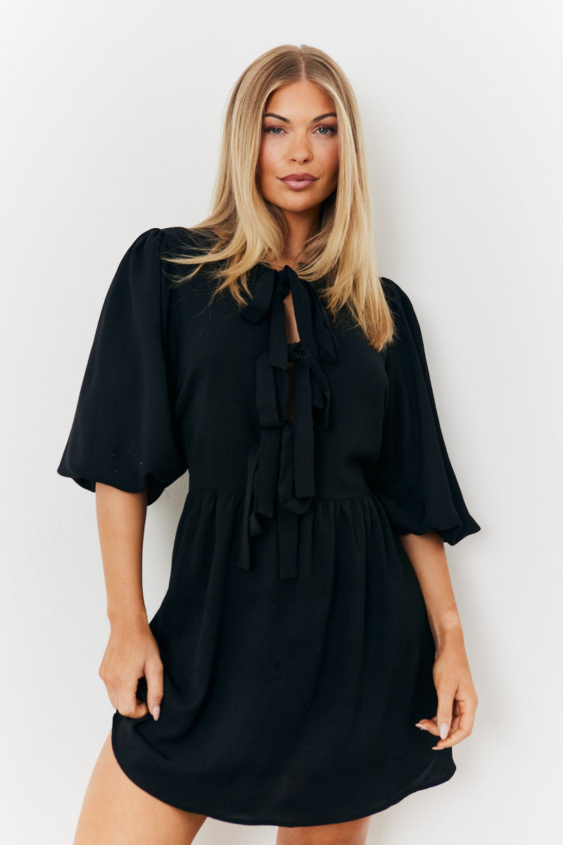 Puff Sleeve Bow Detail Mini Dress