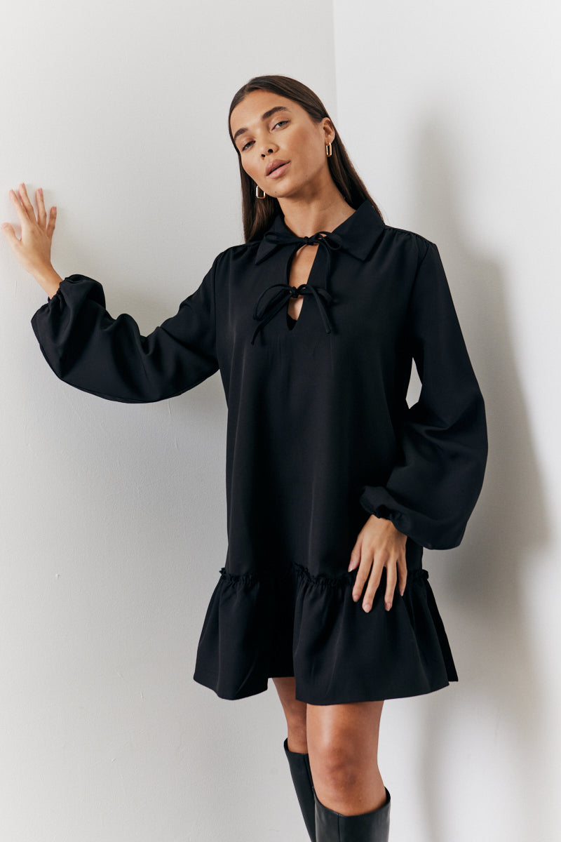 in the style In the Style Tie Detail Balloon Sleeve Smock Dress Black | Clothing in the style In the Style Tie Detail Balloon Sleeve Smock Dress Black | Clothing