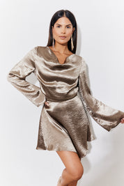 Bronze Mini Flare Sleeve Satin Dress