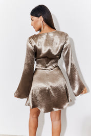 Bronze Mini Flare Sleeve Satin Dress