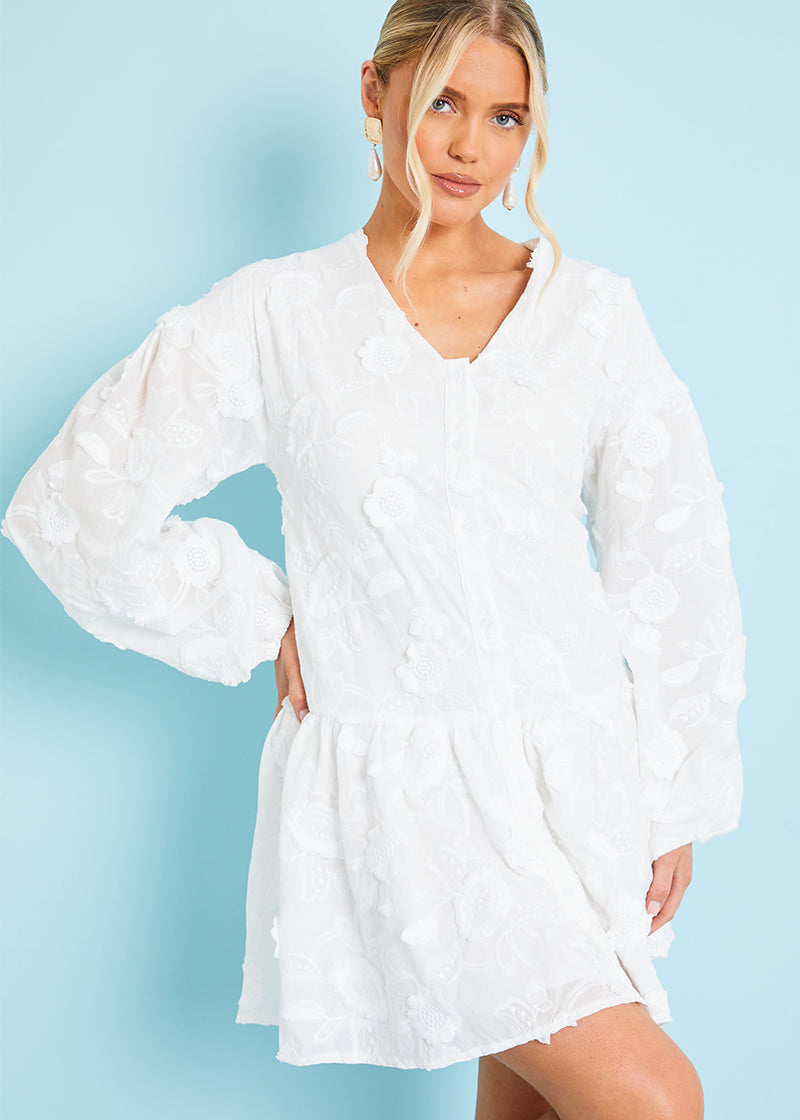Floral Applique Drop Waist Mini Smock Dress