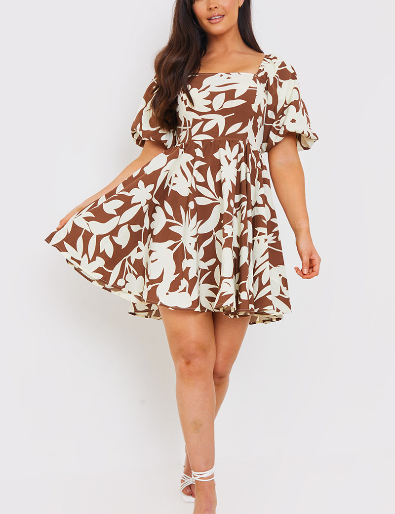 Printed Square Neck Puff Sleeve Mini Dress