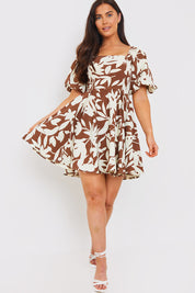Printed Square Neck Puff Sleeve Mini Dress