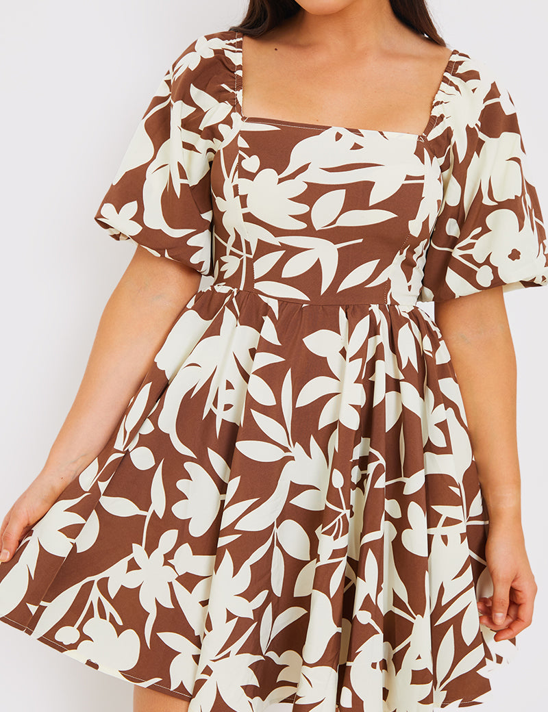 Printed Square Neck Puff Sleeve Mini Dress