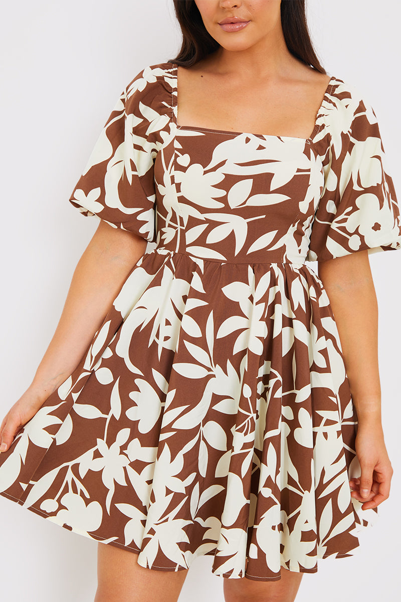 Printed Square Neck Puff Sleeve Mini Dress