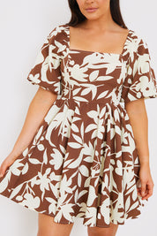 Printed Square Neck Puff Sleeve Mini Dress