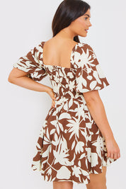 Printed Square Neck Puff Sleeve Mini Dress