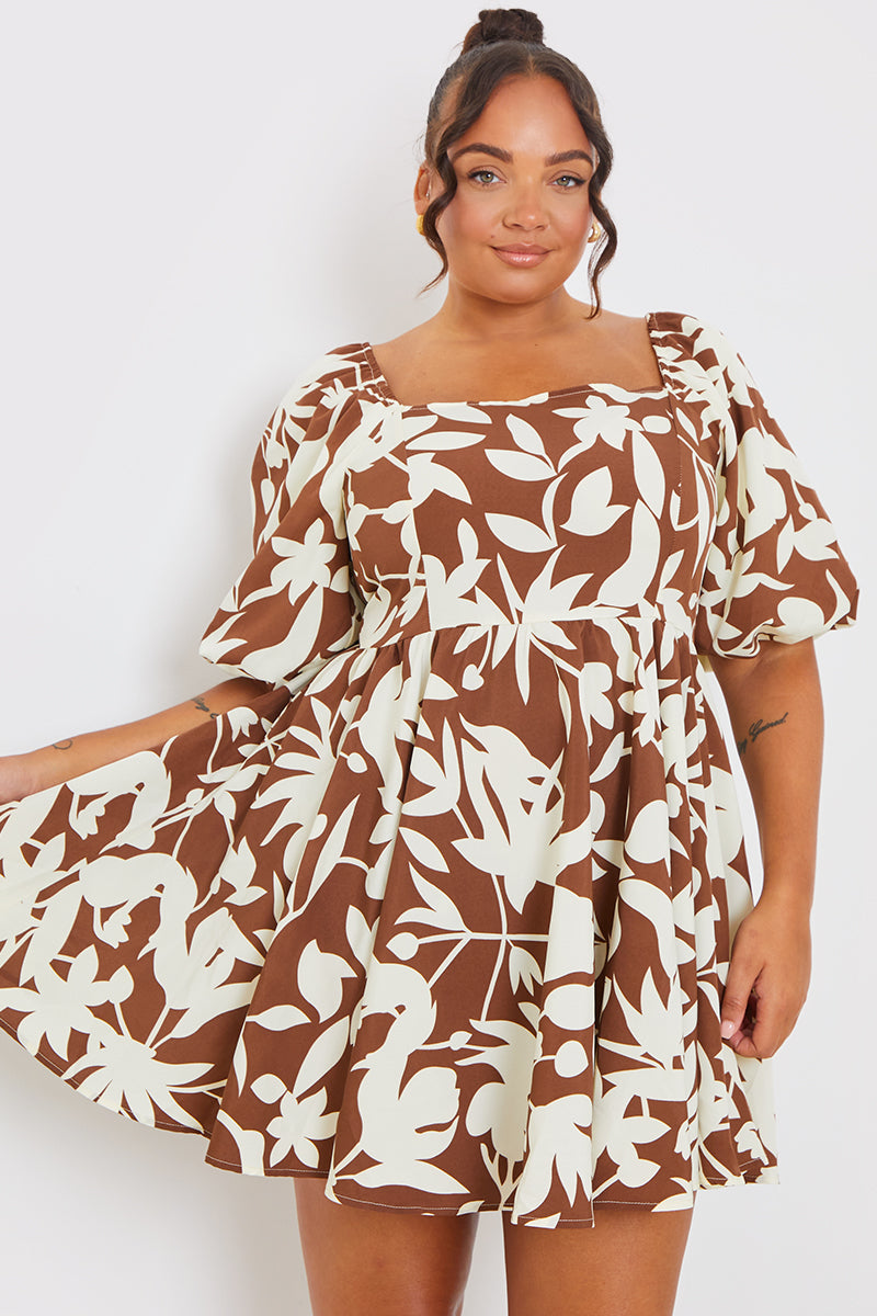 Printed Square Neck Puff Sleeve Mini Dress