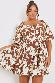 Printed Square Neck Puff Sleeve Mini Dress