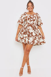 Printed Square Neck Puff Sleeve Mini Dress