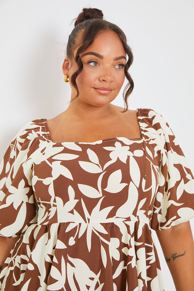 Printed Square Neck Puff Sleeve Mini Dress