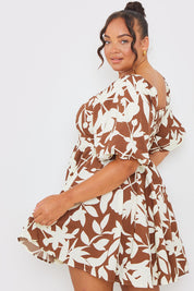 Printed Square Neck Puff Sleeve Mini Dress