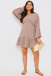 V Neck Frill Hem Smock Dress