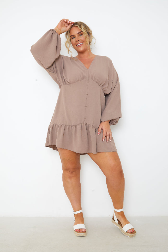 V Neck Frill Hem Smock Dress