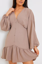 V Neck Frill Hem Smock Dress