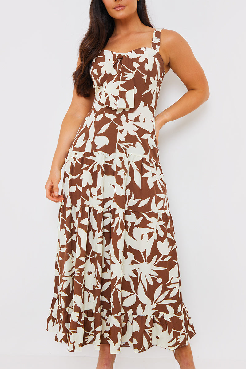 Printed Tie Bust Tiered Maxi Dress
