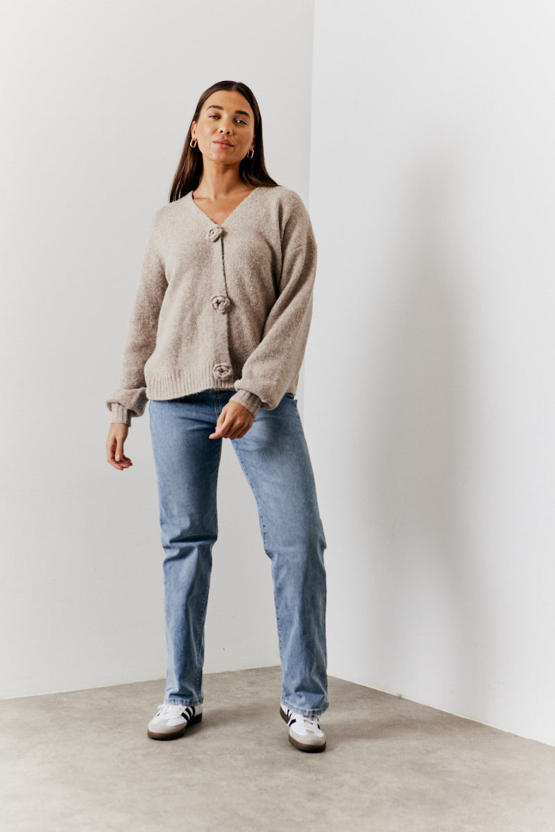 Recycled 3D Rose Button Front Knit Cardigan